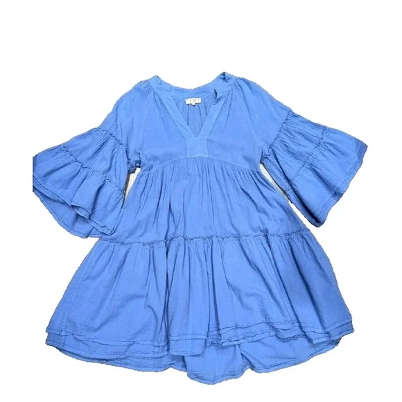 Nema Light blue flare beach 3/4 sleeve mini ruffle dress Small A004371 - Picture 3 of 11